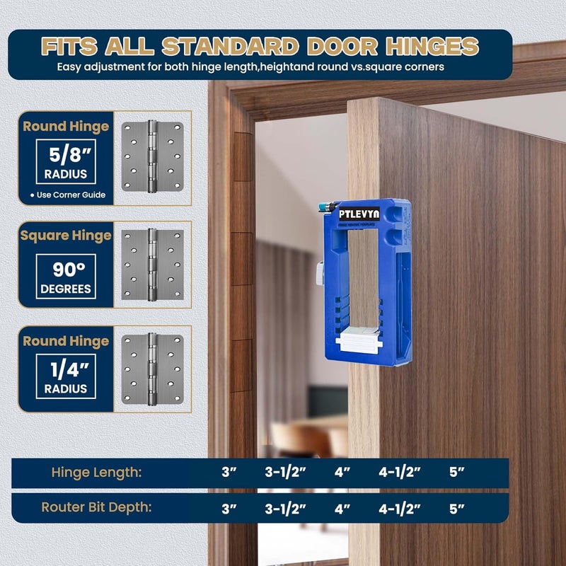 PTLEVYN Door Hinge Mounting Template Kit (Blue) for 3-5" Hinges 90° Positioning Fits 1/4" and 5/8" Door thicknesses Mortise Opener Included Clips Quick and Precise Installation of Woodworking Tools - Image 3